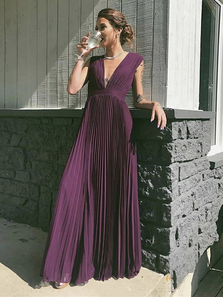 Elegant V Neck Purple Pleated Chiffon Long Prom Dresses, V Neck Purple Formal Graduation Evening Dresses Elegant V Neck Purple Pleated Chiffon Long Prom Dresses, V Neck Purple Formal Graduation Evening Dresses