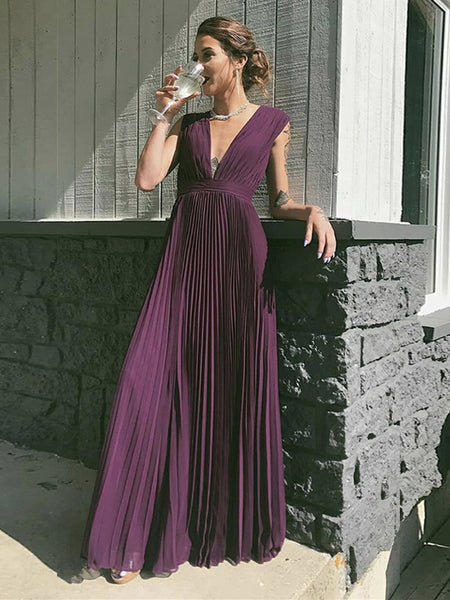 Elegant V Neck Purple Pleated Chiffon Long Prom Dresses, V Neck Purple Formal Graduation Evening Dresses