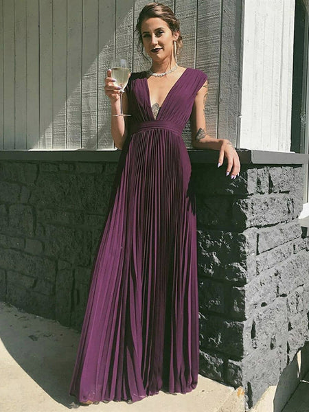 Elegant V Neck Purple Pleated Chiffon Long Prom Dresses, V Neck Purple Formal Graduation Evening Dresses