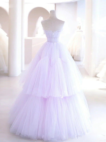 Elegant V Neck Purple Tulle Long Prom Dresses, Strapless Lilac Tulle Formal Evening Dresses, Lavender Ball Gown SP2386