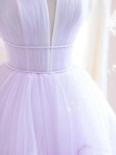 Elegant V Neck Purple Tulle Long Prom Dresses, Strapless Lilac Tulle Formal Evening Dresses, Lavender Ball Gown SP2386