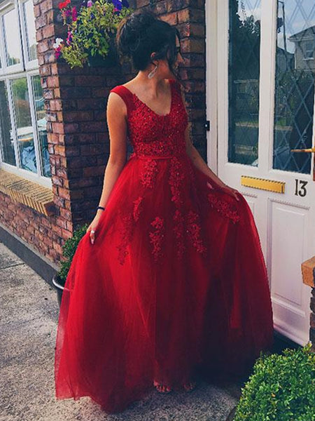 Elegant V Neck Red Lace Long Prom Dresses, Red Lace Formal Dresses, Red Evening Dresses