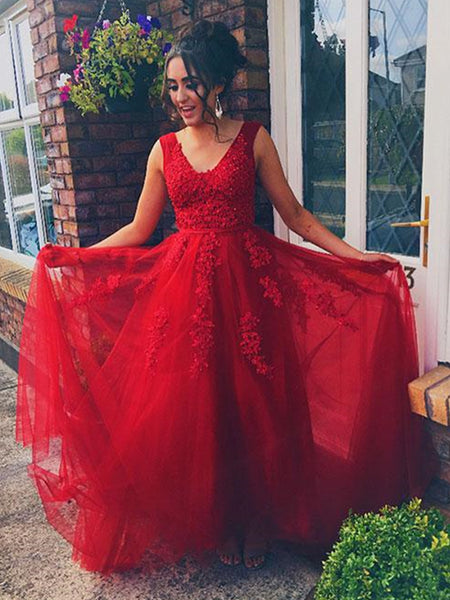 Elegant V Neck Red Lace Long Prom Dresses, Red Lace Formal Dresses, Red Evening Dresses