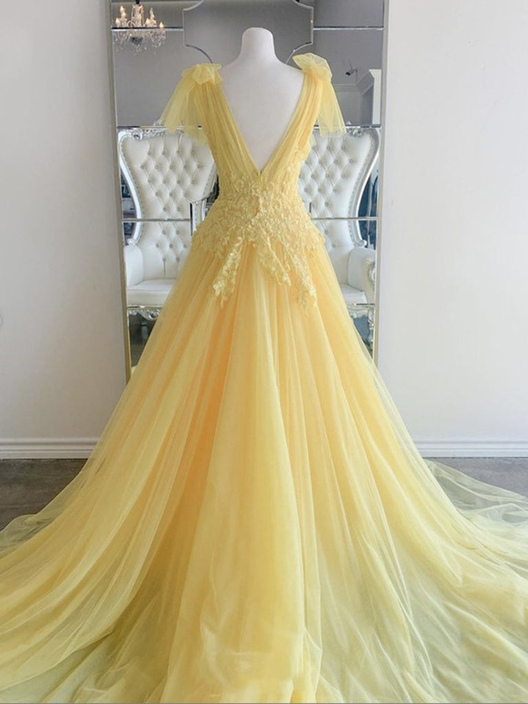 pretty yellow dresses Elegant V Neck and V Back Yellow Lace Long Prom Dresses, Yellow Lace F – Shiny Party