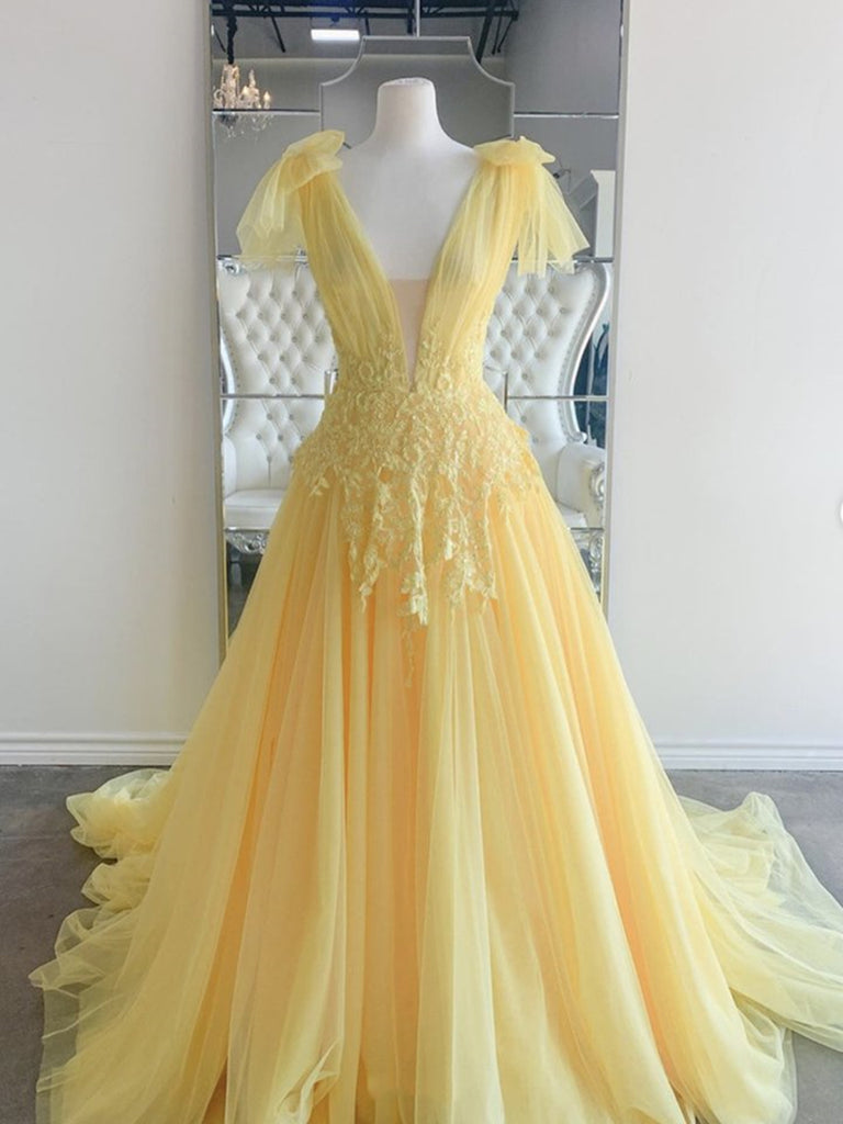 Elegant V Neck and V Back Yellow Lace Long Prom Dresses, Yellow Lace F Shiny Party Elegant V Neck and V Back Yellow Lace Long Prom Dresses, Yellow Lace F Shiny Party