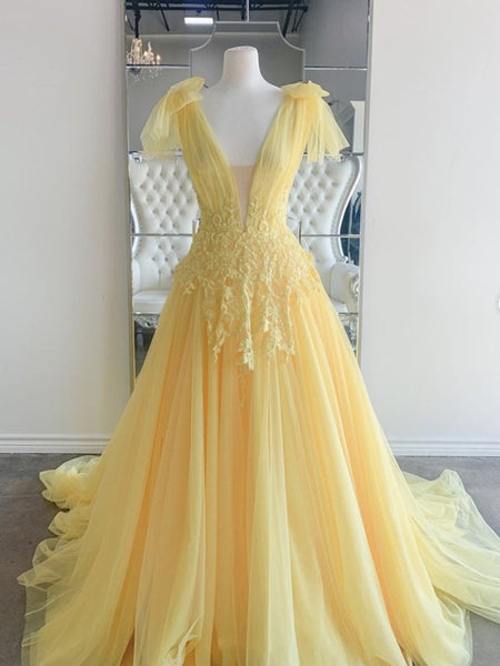 Elegant V Neck and V Back Yellow Lace Long Prom Dresses, Yellow Lace Formal Graduation Evening Dresses