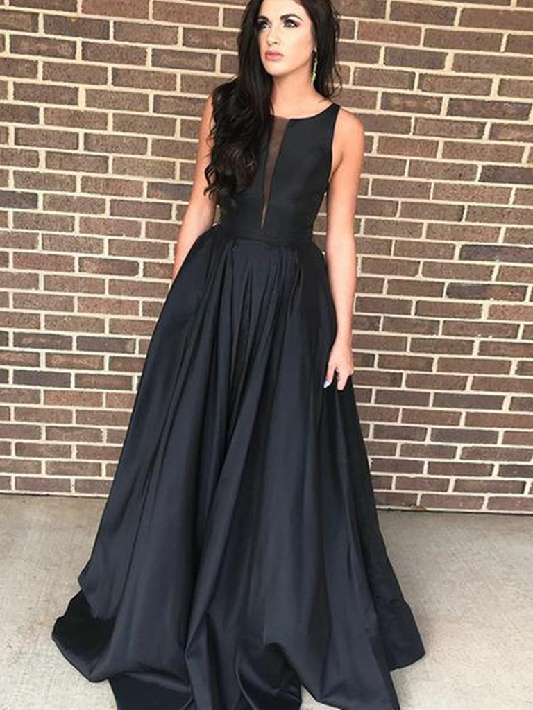 Elegant A Line Satin Black Prom Dresses, Black Formal Dresses, Black E Shiny Party Elegant A Line Satin Black Prom Dresses, Black Formal Dresses, Black E Shiny Party