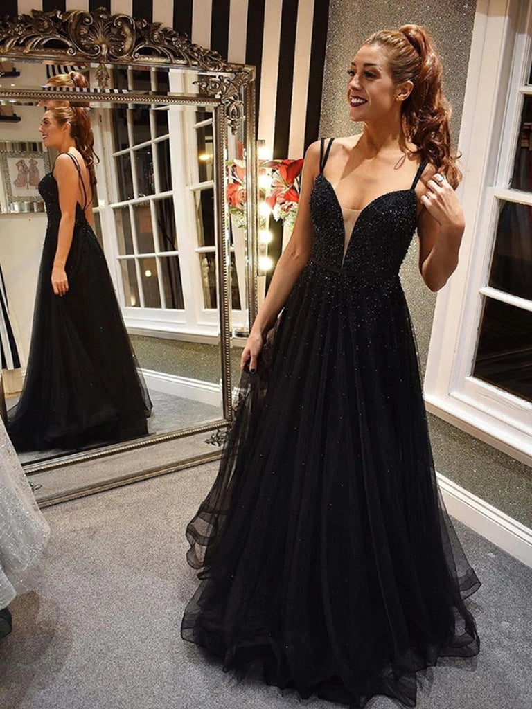 Black V Neck Tulle Lace Beads Long Prom Dress, Black Tulle Evening Dre –  shopluu