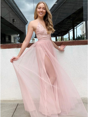 Elegant A Line V Neck Pink Lace Long Prom Dresses with Slit, Pink Lace Formal Graduation Evening Dresses