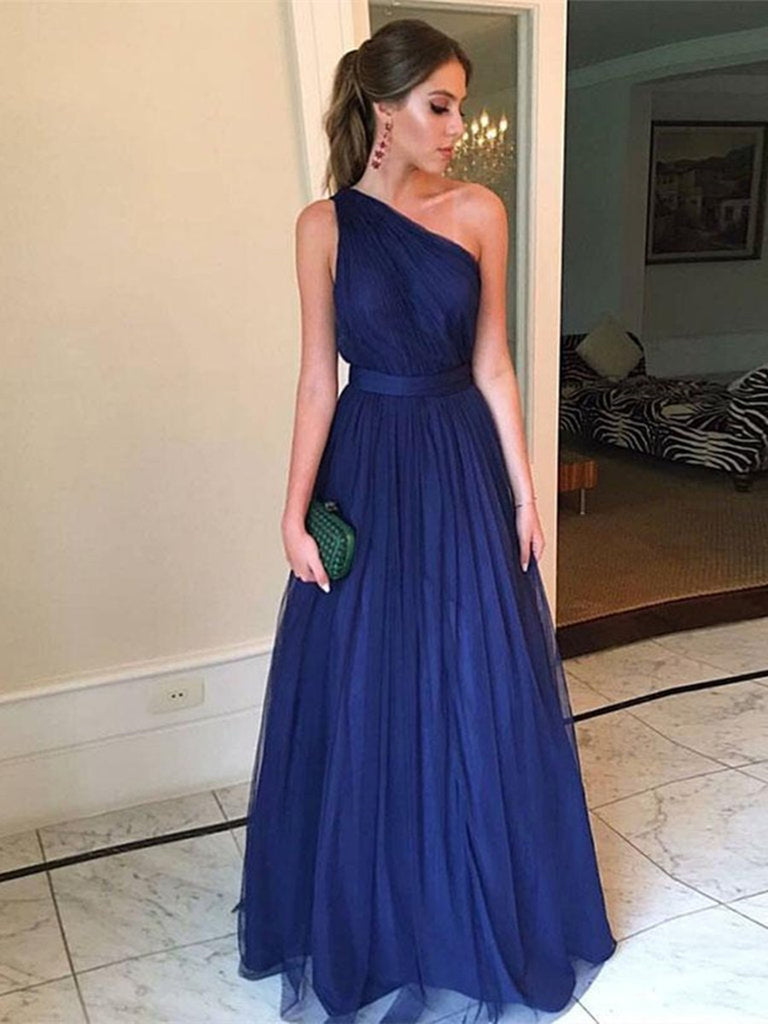 Elegant Dark Blue A Line One Shoulder Tulle Long Prom Dresses, Dark Blue Formal Dresses, Evening Dresses Elegant Dark Blue A Line One Shoulder Tulle Long Prom Dresses, Dark Blue Formal Dresses, Evening Dresses