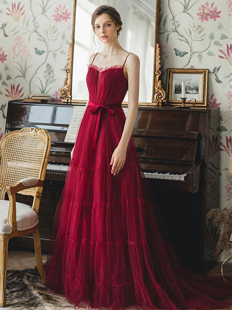 Elegant Burgundy Tulle Long Prom Dresses, Unique Burgundy Formal Gradu Shiny Party Elegant Burgundy Tulle Long Prom Dresses, Unique Burgundy Formal Gradu Shiny Party
