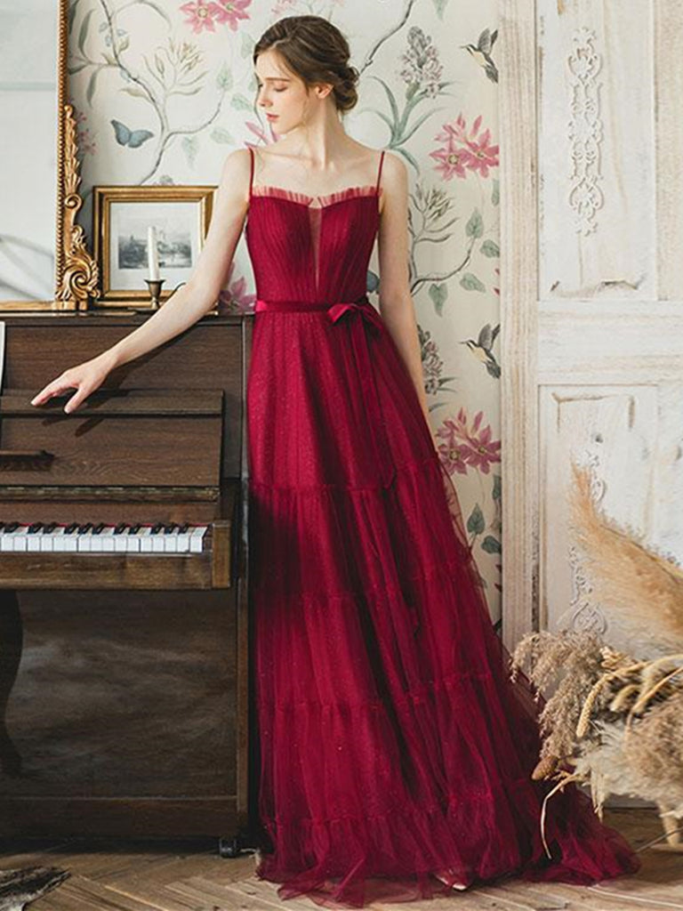 Elegant Burgundy Tulle Long Prom Dresses, Unique Burgundy Formal Gradu