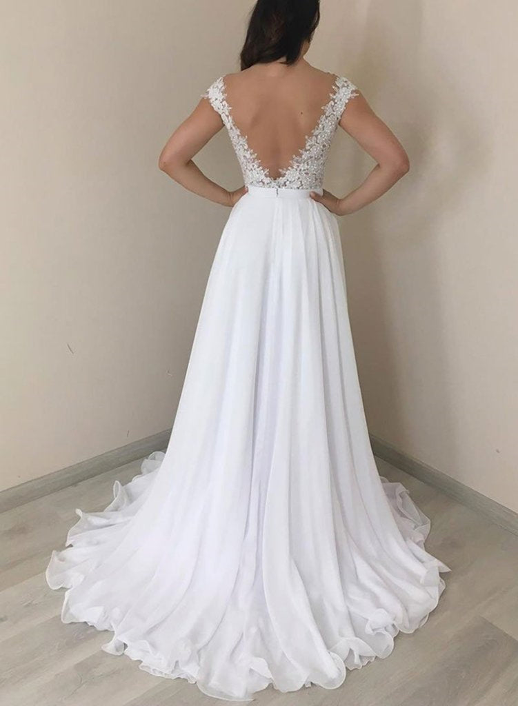 Elegant Cap Sleeves Backless Lace White Prom Dresses, White Lace Forma Shiny Party Elegant Cap Sleeves Backless Lace White Prom Dresses, White Lace Forma Shiny Party