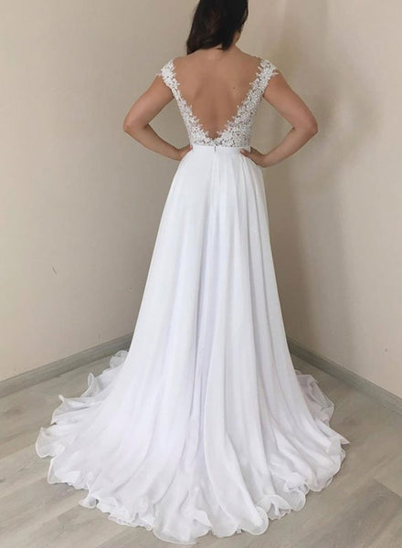 Elegant Cap Sleeves Backless Lace White Prom Dresses, White Lace Formal Dresses, Evening Dresses, Wedding Dresses