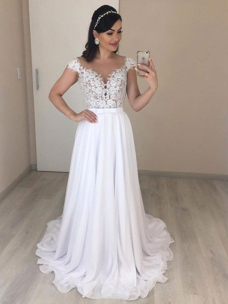 Elegant Cap Sleeves Backless Lace White Prom Dresses, White Lace Formal Dresses, Evening Dresses, Wedding Dresses Elegant Cap Sleeves Backless Lace White Prom Dresses, White Lace Formal Dresses, Evening Dresses, Wedding Dresses