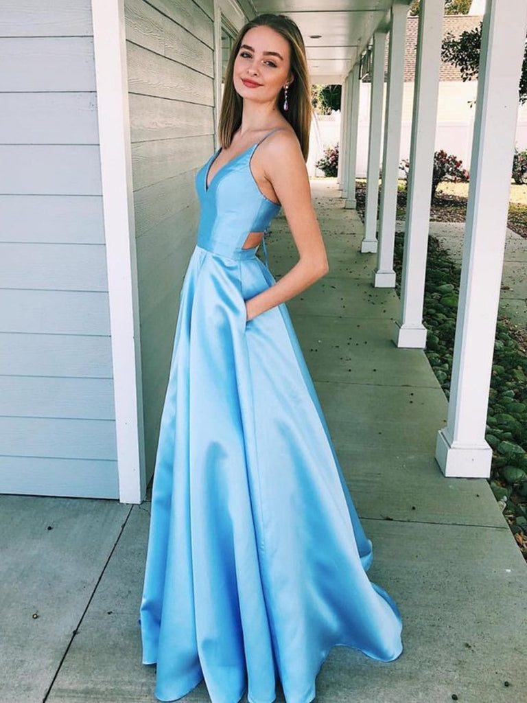 Elegant Light Blue A Line V Neck Floor Length Satin Long Prom Dresses with Pocket, Light Blue Formal Dresses, Evening Dresses 2019
