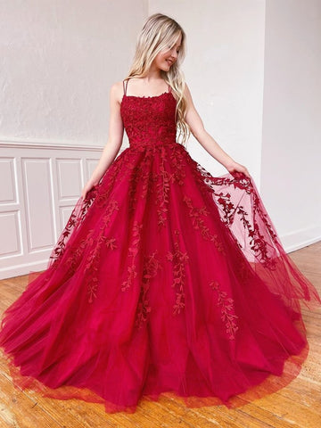 Elegant Long Burgundy Lace Prom Dresses, Burgundy Lace Formal Dresses, Wine Red Lace Evening Dresses