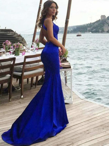 Elegant Mermaid Backless Royal Blue Prom Dresses with Train, Royal Blue Formal Dresses, Graduation Dresses