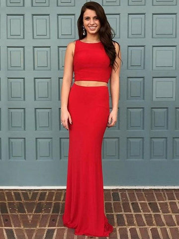 Elegant Mermaid Two Pieces Scoop Neck Red Long Prom Dresses with Ruffles Sweep Train, Mermaid Red Formal Dresses, Red Evening Dresses