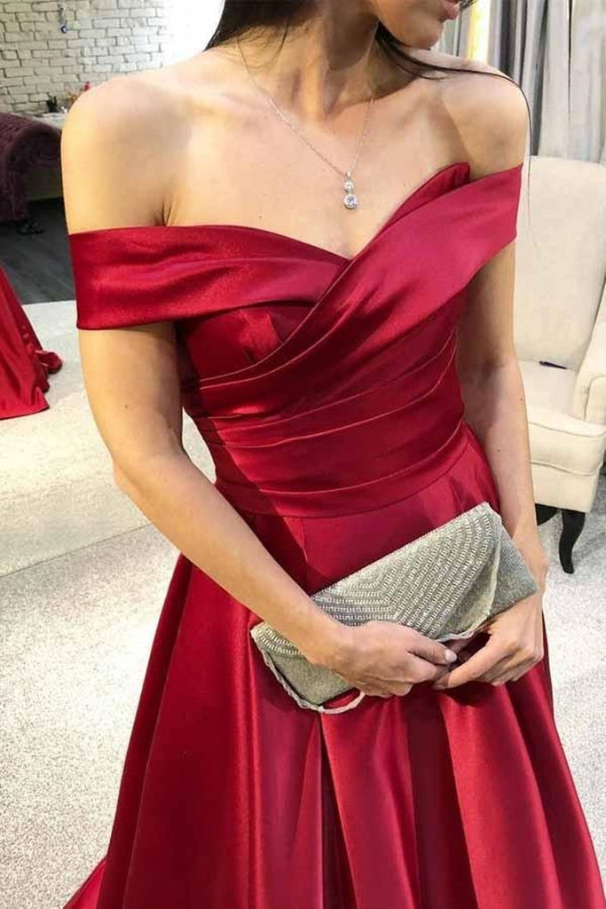 Elegant Off Shoulder Burgundy Satin Long Prom Dresses, Off the Shoulde Shiny Party Elegant Off Shoulder Burgundy Satin Long Prom Dresses, Off the Shoulde Shiny Party