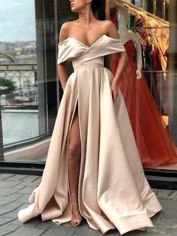 Elegant Off Shoulder Satin Champagne Long Prom Dresses with Slit, Champagne Formal Dresses, Evening Dresses