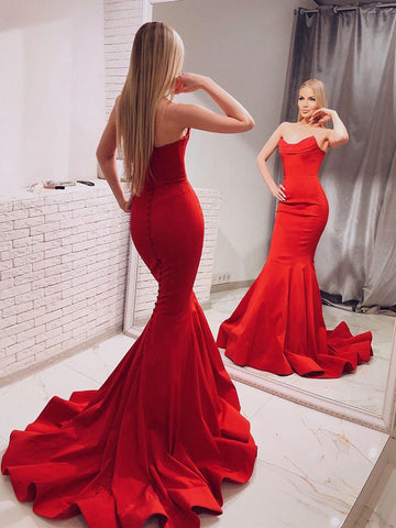 Elegant Strapless Mermaid Red Long Prom Dresses with Train, Mermaid Red Formal Dresses, Red Evening Dresses