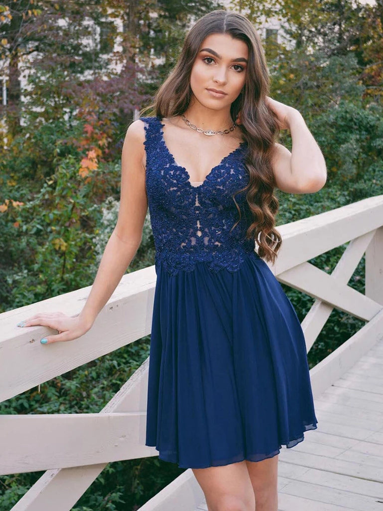 Elegant V Neck Navy Blue Lace Short Prom Dresses Homecoming Dresses, Lace Navy Blue Formal Graduation Evening Dresses Elegant V Neck Navy Blue Lace Short Prom Dresses Homecoming Dresses, Lace Navy Blue Formal Graduation Evening Dresses
