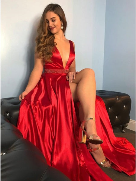 Elegant V Neck Red Satin Long Prom Dresses 2020 with High Slit, V Neck Red Formal Graduation Evening Dresses