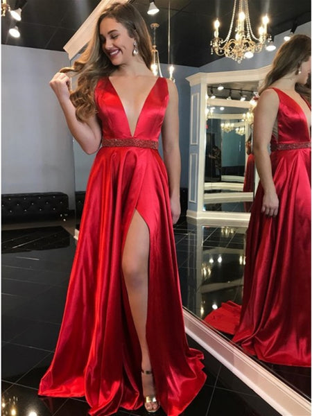 Elegant V Neck Red Satin Long Prom Dresses 2020 with High Slit, V Neck Red Formal Graduation Evening Dresses