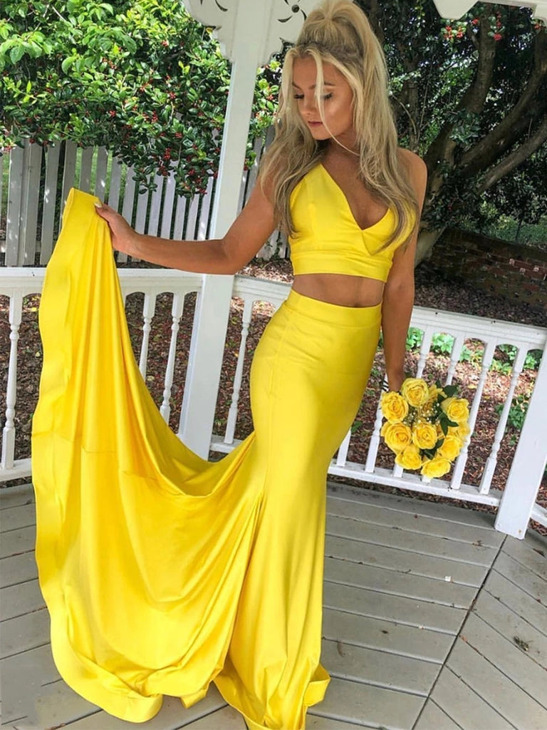 Elegant V Neck Two Pieces Mermaid Yellow Long Prom Dresses, 2 Pieces M Shiny Party Elegant V Neck Two Pieces Mermaid Yellow Long Prom Dresses, 2 Pieces M Shiny Party