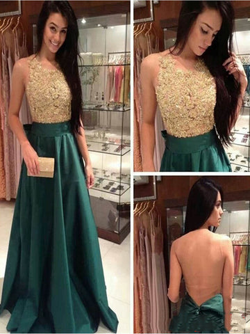 A Line Round Neck Green and Golden Long Prom Dress, Golden and Green Formal Dress