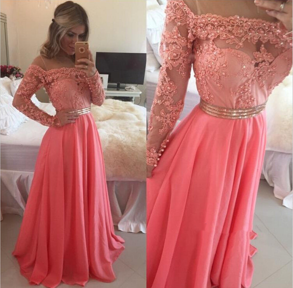 Custom Made A Line Floor Length Long Sleeves Coral Lace Prom Dress, Co Shiny Party Custom Made A Line Floor Length Long Sleeves Coral Lace Prom Dress, Co Shiny Party