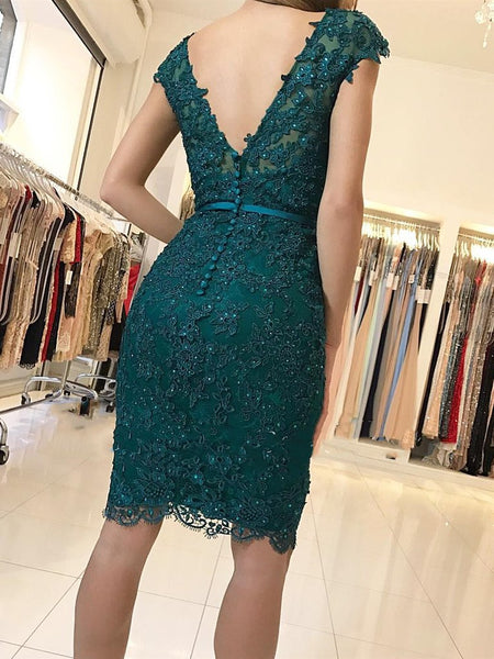 Emerald Green Cap Sleeves Lace Beaded Homecoming Dresses Short Prom Dresses, Green Lace Formal Dresses, Evening Dresses