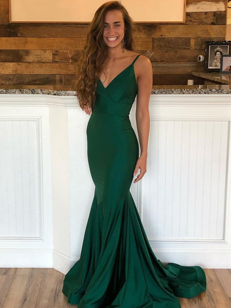 Emerald Green V Neck Mermaid Backless Long Prom Dresses with Sweep Train, Emerald Green Mermaid Formal Graduation Evening Dresses