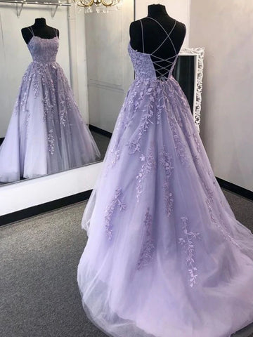 Fashion Criss-Cross Back Lavender Lace Long Prom Dresses, Open Back Lavender Lace Appliqued Formal Evening Dresses SP2306