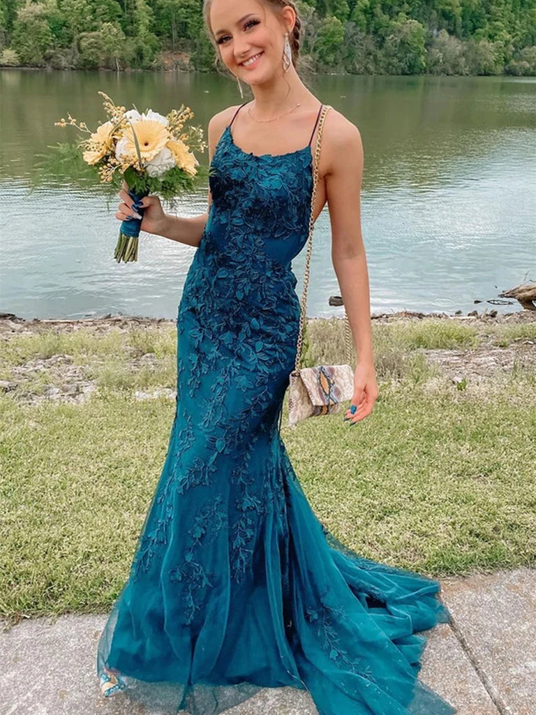 Sky Blue Lace Appliqued Satin and Tulle Prom Dress - VQ