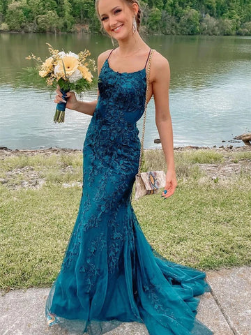 Fashion Teal Lace Tulle Mermaid Backless Long Prom Dresses, Mermaid Teal Lace Formal Dresses, Teal Lace Evening Dresses SP2319
