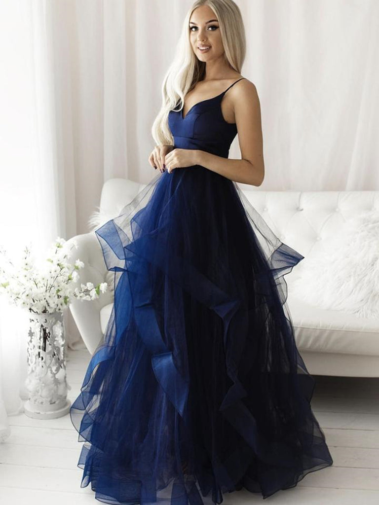 Fluffy V Neck Blue Tulle Long Prom Dresses, Blue Formal Evening Dresses, Ball Gown