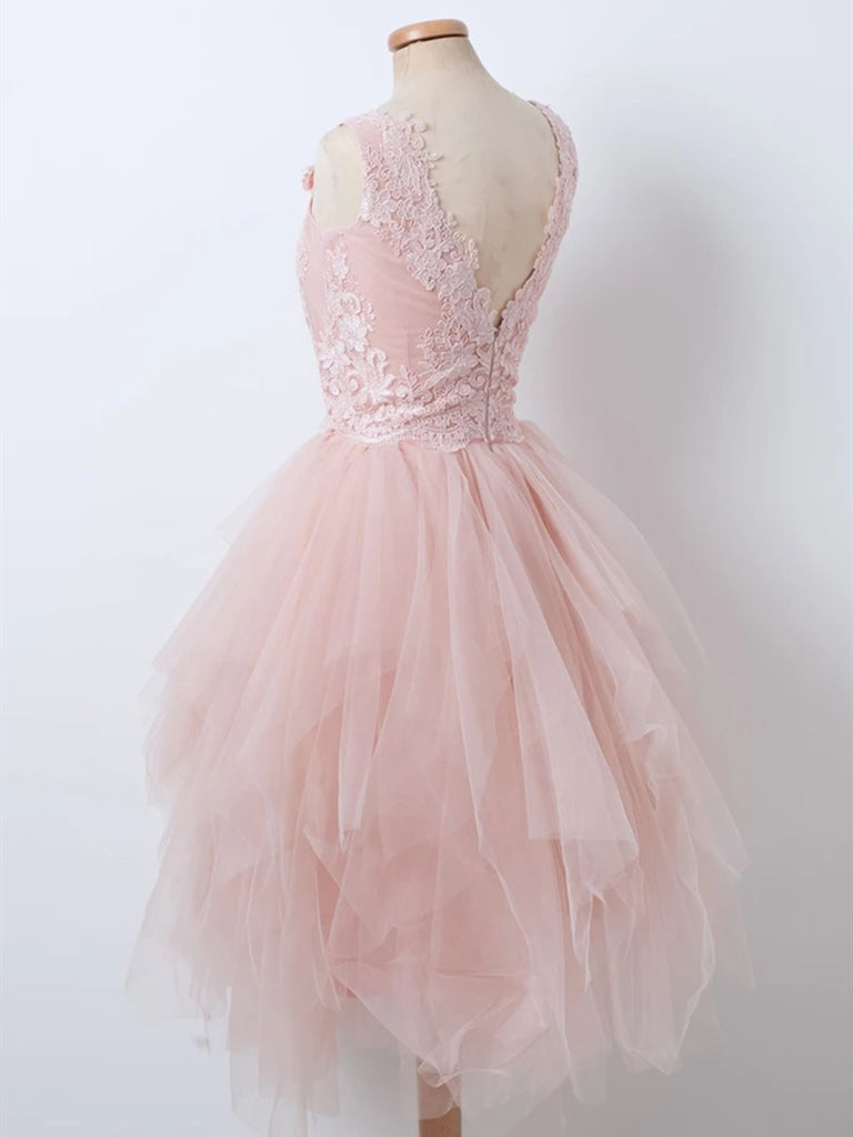 Fluffy V Neck Short Pink Lace Prom Dresses, Pink Lace Formal Graduatio Shiny Party Fluffy V Neck Short Pink Lace Prom Dresses, Pink Lace Formal Graduatio Shiny Party