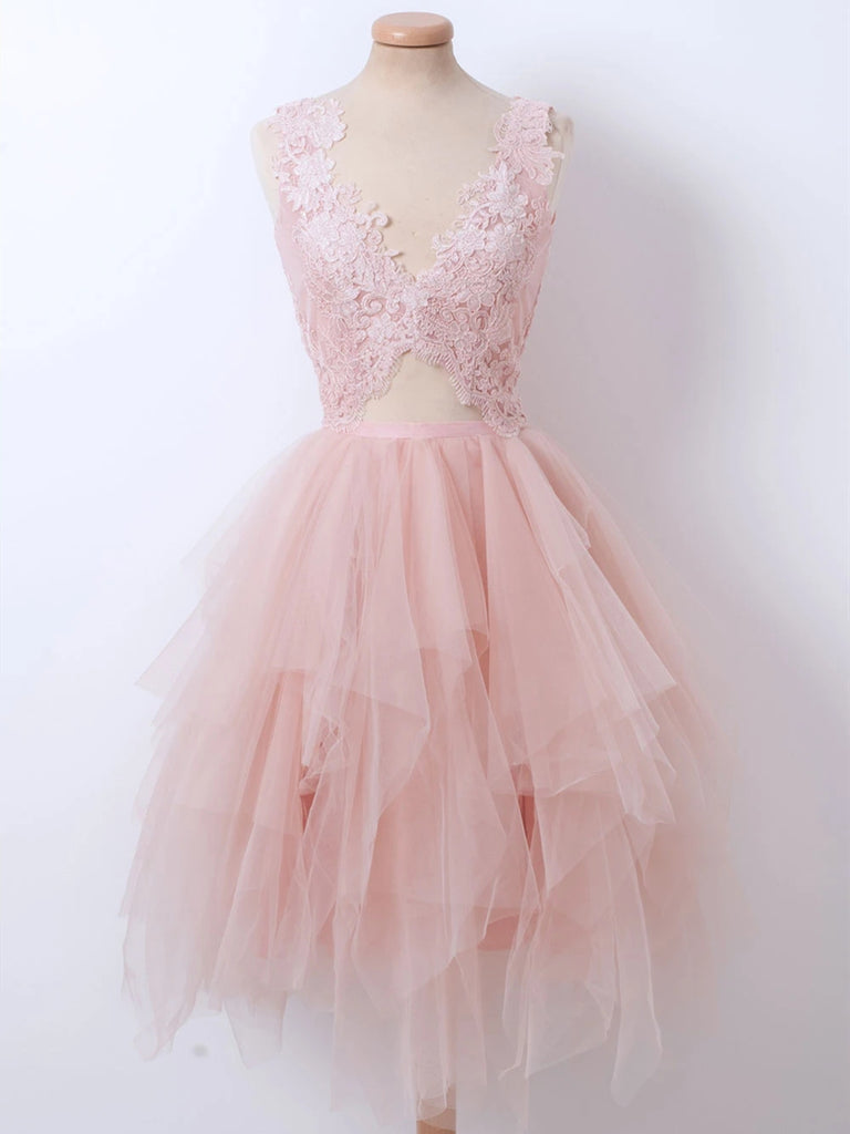 Fluffy V Neck Short Pink Lace Prom Dresses, Pink Lace Formal Graduation Homecoming Dresses