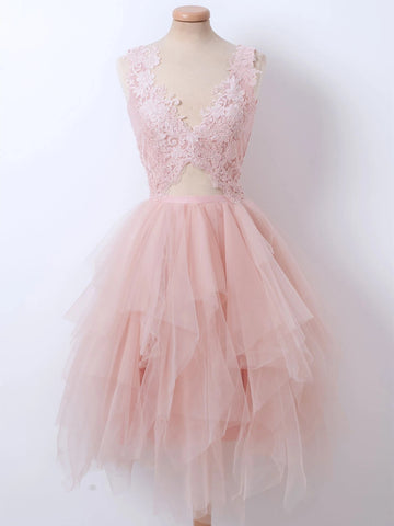Fluffy V Neck Short Pink Lace Prom Dresses, Pink Lace Formal Graduation Homecoming Dresses
