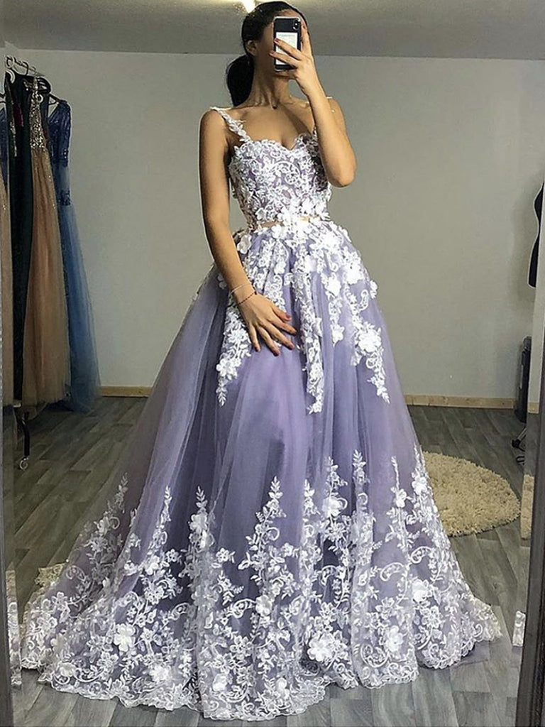 Fluffy White Floral Lace Top Gray Long Prom Dresses, Floral Lace Gray Formal Evening Dresses, Gray Ball Gown