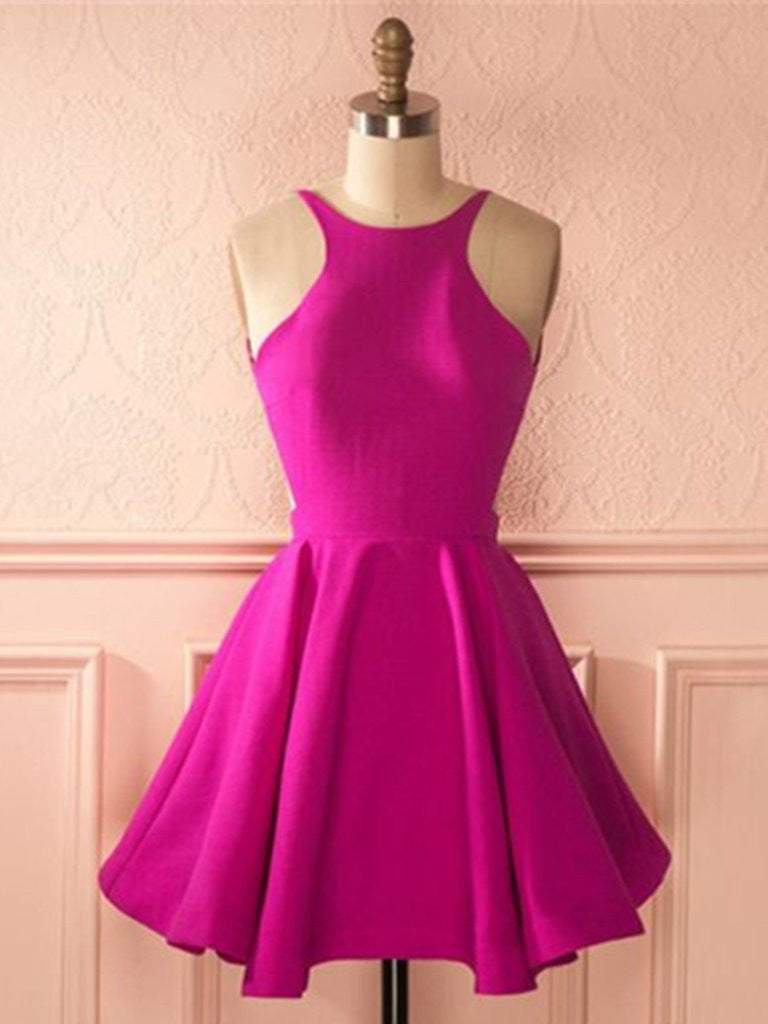 Fuchsia A Line Round Neck Backless Short Prom Dresses, Fuchsia Homecom Shiny Party Fuchsia A Line Round Neck Backless Short Prom Dresses, Fuchsia Homecom Shiny Party
