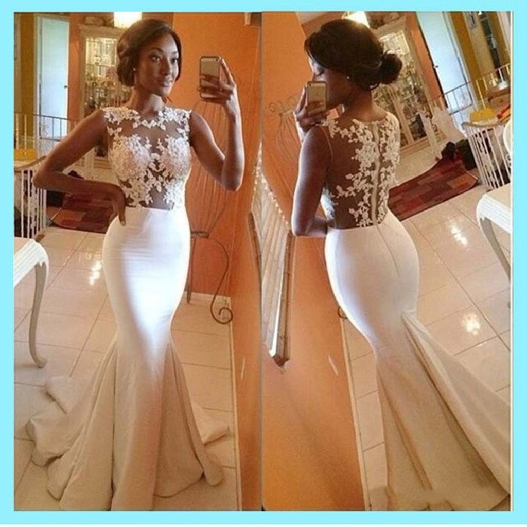 Custom Made White A-line round neckline Lace Long Prom Dresses, Wedding Dress Custom Made White A-line round neckline Lace Long Prom Dresses, Wedding Dress