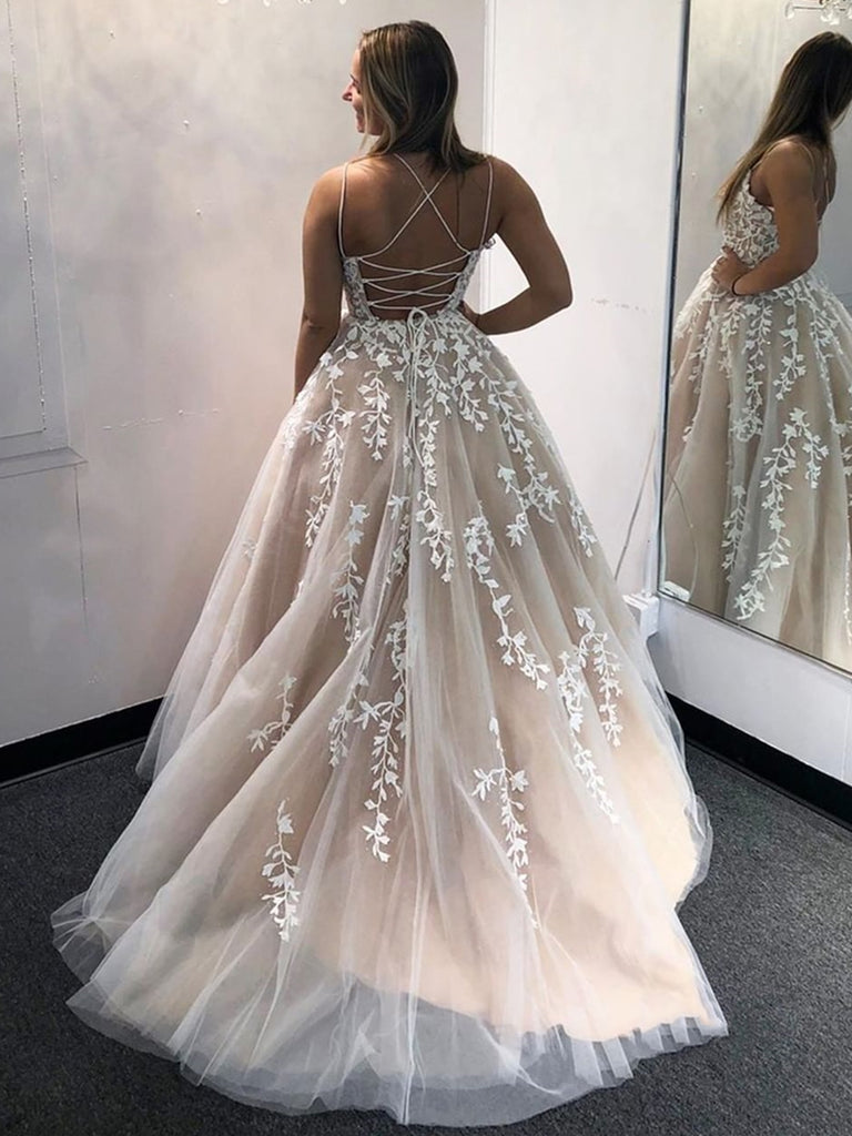 Gorgeous Backless Champagne Lace Long Prom Dresses with Appliques, Champagne Lace Formal Evening Dresses Gorgeous Backless Champagne Lace Long Prom Dresses with Appliques, Champagne Lace Formal Evening Dresses