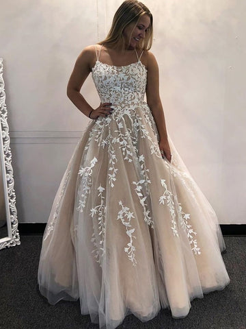 Gorgeous Backless Champagne Lace Long Prom Dresses with Appliques, Champagne Lace Formal Evening Dresses