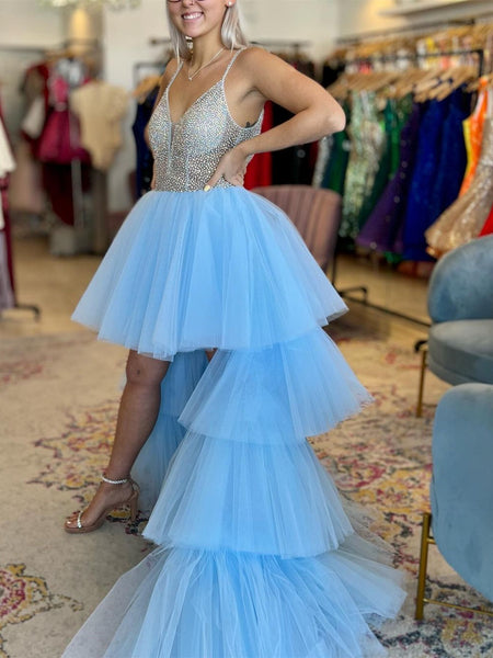 Gorgeous High Low V Neck Beaded Blue Tulle Long Prom Dresses with Train, High Low Blue Formal Dresses, Beaded Blue Evening Dresses SP2400