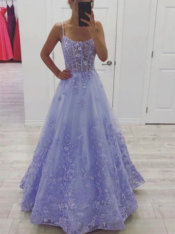 Gorgeous Lilac Lace Floral Long Prom Dresses, Lavender Lace Formal Evening Dresses with 3D Flowers SP2322