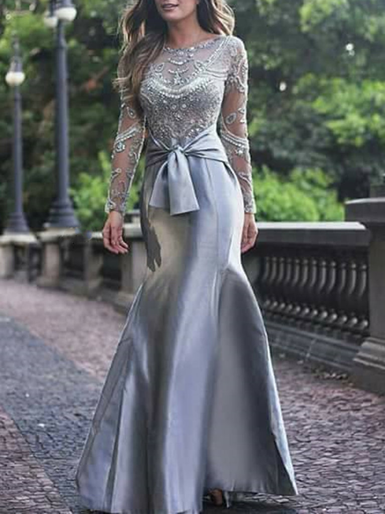 Gorgeous Mermaid Long Sleeves Gray Beaded Long Prom Dresses, Mermaid G Shiny Party Gorgeous Mermaid Long Sleeves Gray Beaded Long Prom Dresses, Mermaid G Shiny Party