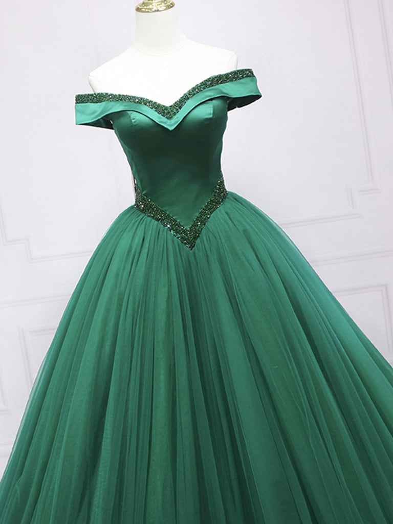 Gorgeous Off Shoulder Beaded Green Long Prom Dresses, Green Formal Eve – Shiny Party